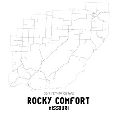 Rocky Comfort Missouri. US street map with black and white lines.
