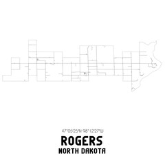 Rogers North Dakota. US street map with black and white lines.