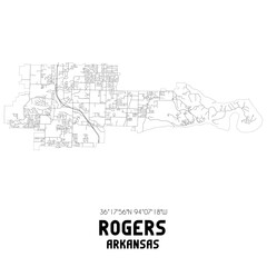 Rogers Arkansas. US street map with black and white lines.