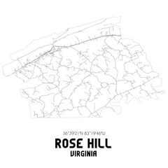 Rose Hill Virginia. US street map with black and white lines.