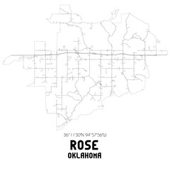 Rose Oklahoma. US street map with black and white lines.