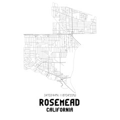 Rosemead California. US street map with black and white lines.