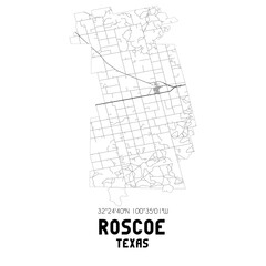 Roscoe Texas. US street map with black and white lines.