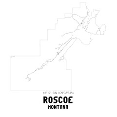 Roscoe Montana. US street map with black and white lines.