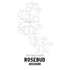 Rosebud Missouri. US street map with black and white lines.