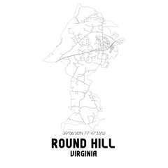 Round Hill Virginia. US street map with black and white lines.