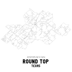 Round Top Texas. US street map with black and white lines.