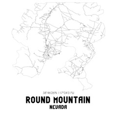 Round Mountain Nevada. US street map with black and white lines.