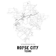 Royse City Texas. US street map with black and white lines.