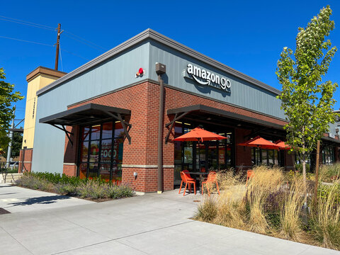 Mill Creek, WA USA - circa August 2022: Angled view of the entrance to the recently opened Amazon Go in the Mill Creek area on a bright, sunny day.