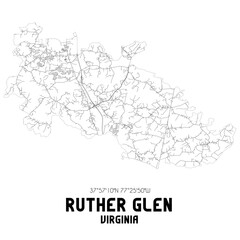 Ruther Glen Virginia. US street map with black and white lines.