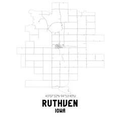 Ruthven Iowa. US street map with black and white lines.