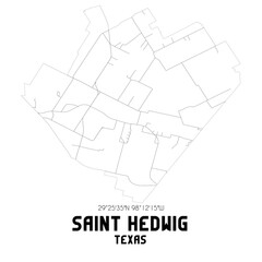 Saint Hedwig Texas. US street map with black and white lines.