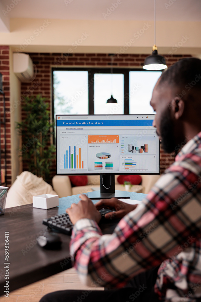 Aufkleber young adult analyzing business charts on computer monitor, working with company diagrams and doing r