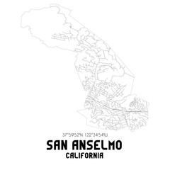 San Anselmo California. US street map with black and white lines.