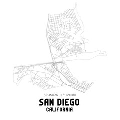 San Diego California. US street map with black and white lines.