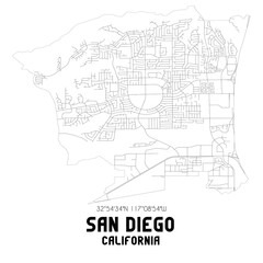 San Diego California. US street map with black and white lines.