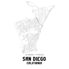San Diego California. US street map with black and white lines.