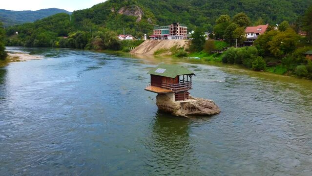 Popular travel attraction Drina river house in Bajina Basta