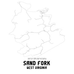 Sand Fork West Virginia. US street map with black and white lines.