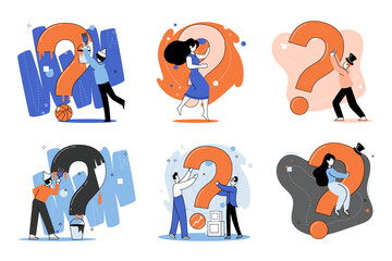 Question mark, obtaining information of interest. Problem and solution concept metaphor. FAQ help. Decision of information task, ask questions and receive answers, paint ladge sign decision of doubts