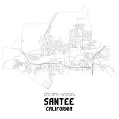 Fototapeta na wymiar Santee California. US street map with black and white lines.