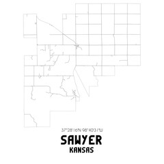 Sawyer Kansas. US street map with black and white lines.