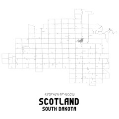 Scotland South Dakota. US street map with black and white lines.