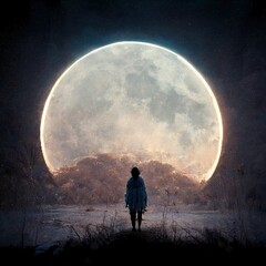 Ilustración de paisaje nocturno con luna llena, siendo observada por una persona - obrazy, fototapety, plakaty