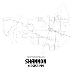 Shannon Mississippi. US street map with black and white lines.