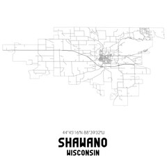 Shawano Wisconsin. US street map with black and white lines.