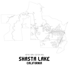 Shasta Lake California. US street map with black and white lines.
