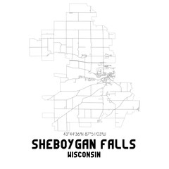 Sheboygan Falls Wisconsin. US street map with black and white lines.