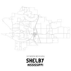 Shelby Mississippi. US street map with black and white lines.