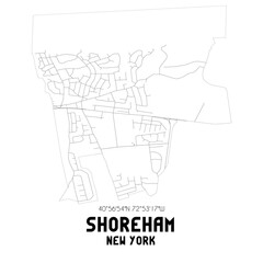 Shoreham New York. US street map with black and white lines.