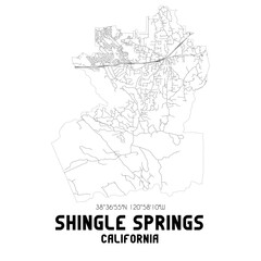 Shingle Springs California. US street map with black and white lines.