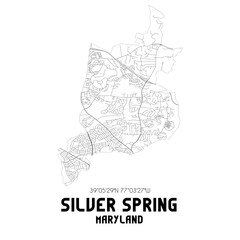 Silver Spring Maryland. US street map with black and white lines.