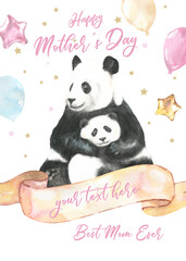 Watercolor panda Happy Mother's day diy set. Create greeting card, invitation, poster,flyer, postcard. Mother and baby, kiss illustration. Gift for woman, grandmother. Ballon, ribbon, colorful, baby