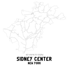 Sidney Center New York. US street map with black and white lines.