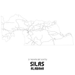Silas Alabama. US street map with black and white lines.