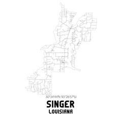 Singer Louisiana. US street map with black and white lines.