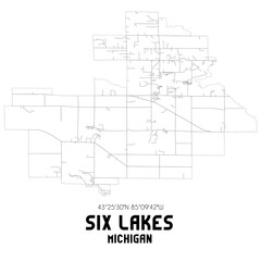 Six Lakes Michigan. US street map with black and white lines.
