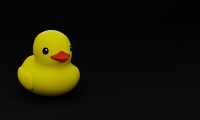 a 3d illustration, rubber duck image , black background, copy space ,3d rendering.