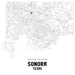 Sonora Texas. US street map with black and white lines.