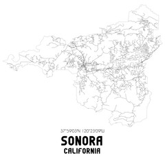 Sonora California. US street map with black and white lines.