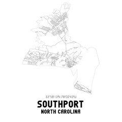 Southport North Carolina. US street map with black and white lines.