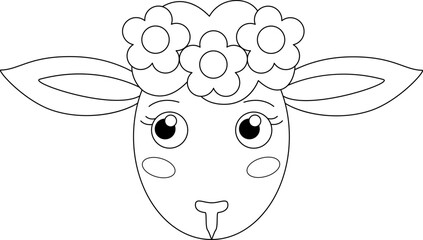 Cute muzzle of a cartoon sheep with a wreath - a vector linear picture for coloring. Outline. Sheep head, lamb cute animal with a wreath for children's coloring