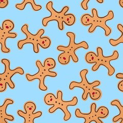 Fototapeta na wymiar Winter gingerbread man cookies seamless Christmas pattern for wrapping paper and kids clothes print and fabrics