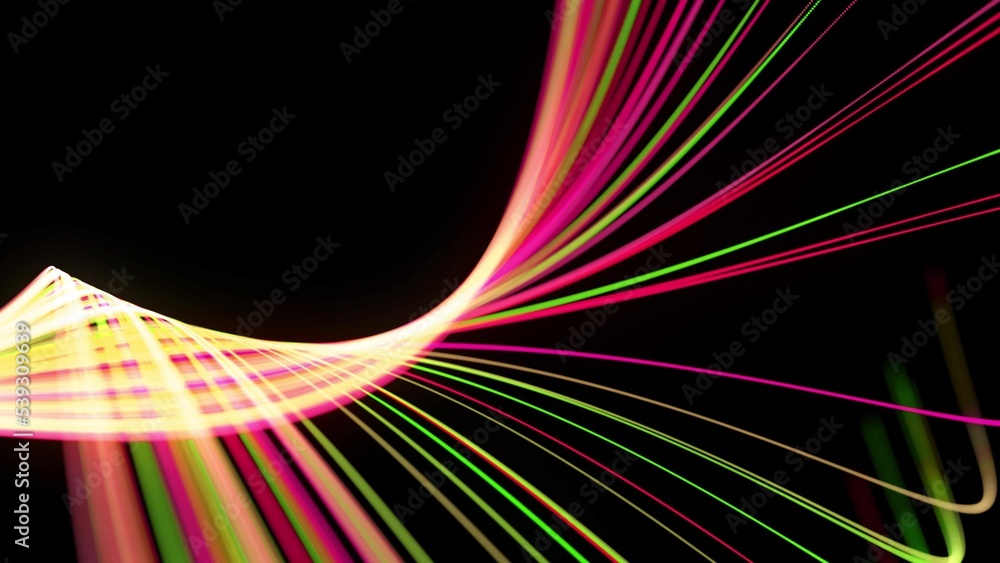 Poster 3d render. light flow bg. abstract background with light trails, stream of green red yellow neon lin