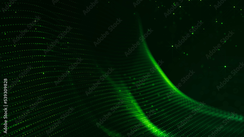 Poster abstract sci-fi background with glow particles form curved lines, surfaces, hologram structures or v